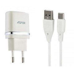 Мережевий зарядний пристрій USB Aspor A828 Dual USB (2.1A) + Type-C cable White