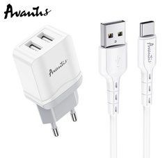 Мережевий зарядний пристрій Avantis A829 2.4A (2USB port) + Type-C cable White